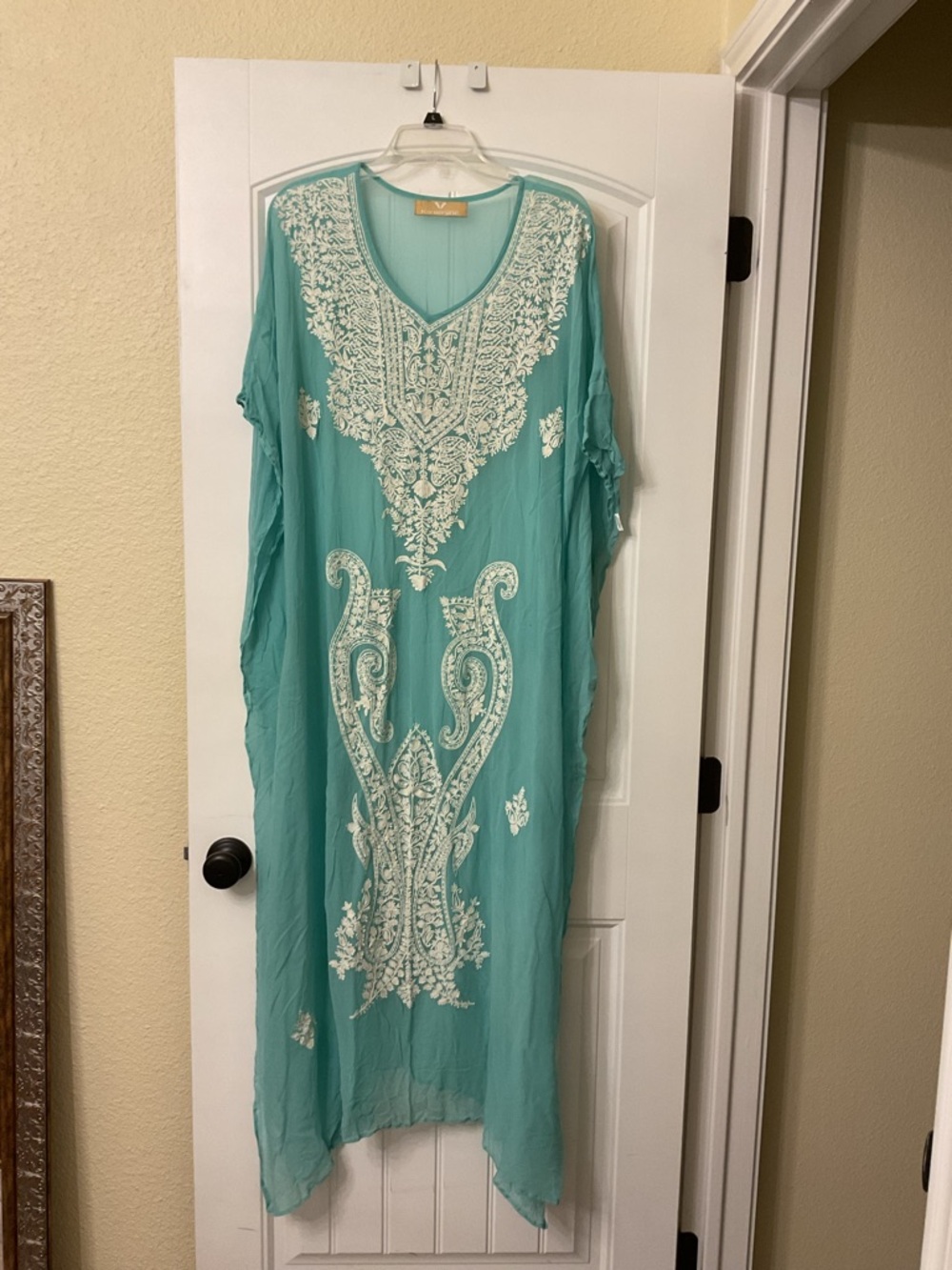 Embroidered Aqua Maxi cover-up Dress with V-Neck